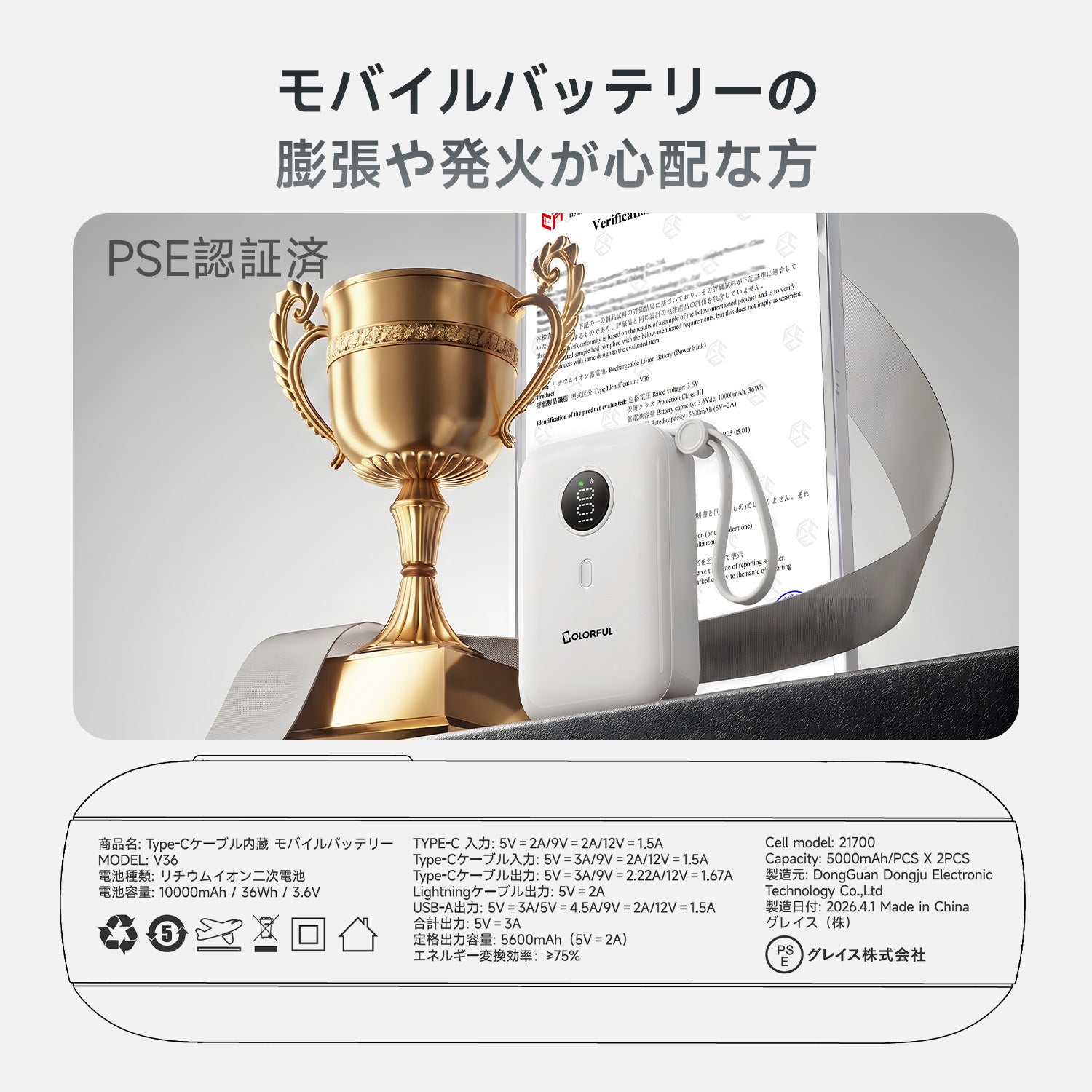 【ケーブル内蔵＆急速充電＆大容量】モバイルバッテリー 10000mAh